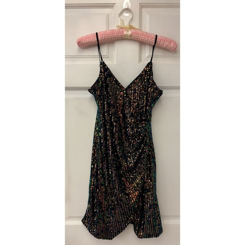 City Triangles Sequin Dress Size 7 Black V-Neck Spaghetti Strap Gatsby Style